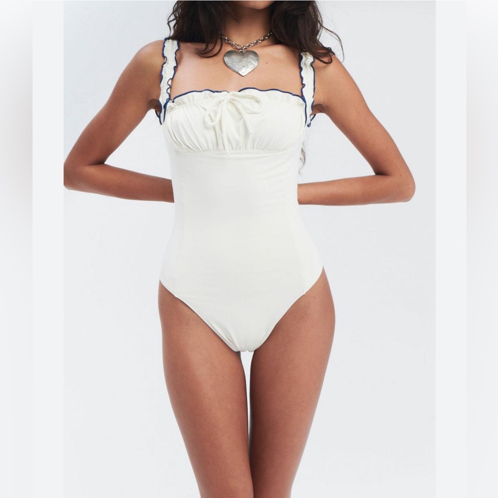 Frankies Bikinis Fawn ruffle one piece.